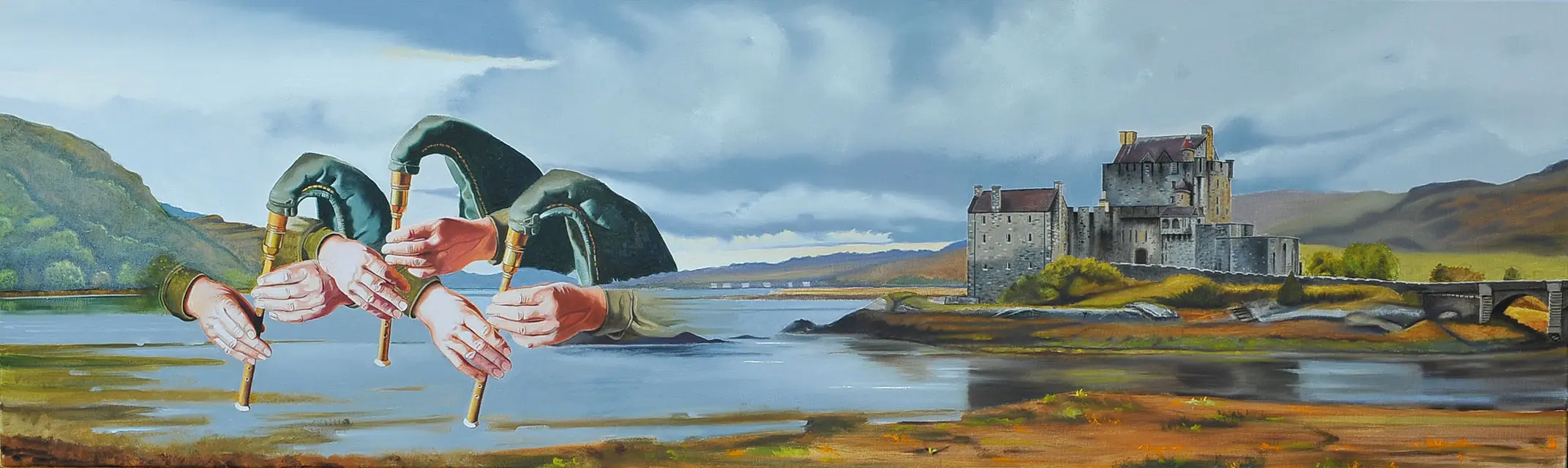 'Scottish smallpipe painting' (Eilean Donan Castle) 60 x 200 cm, Öl auf Leinwand (2015/16)