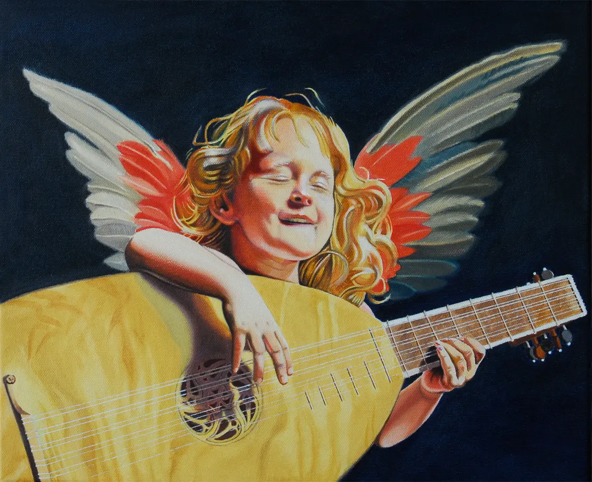 Merle Playing A Lute (nach Fiorentino Rosso) 39 x 47 cm, Öl auf Leinwand (2009/2010)