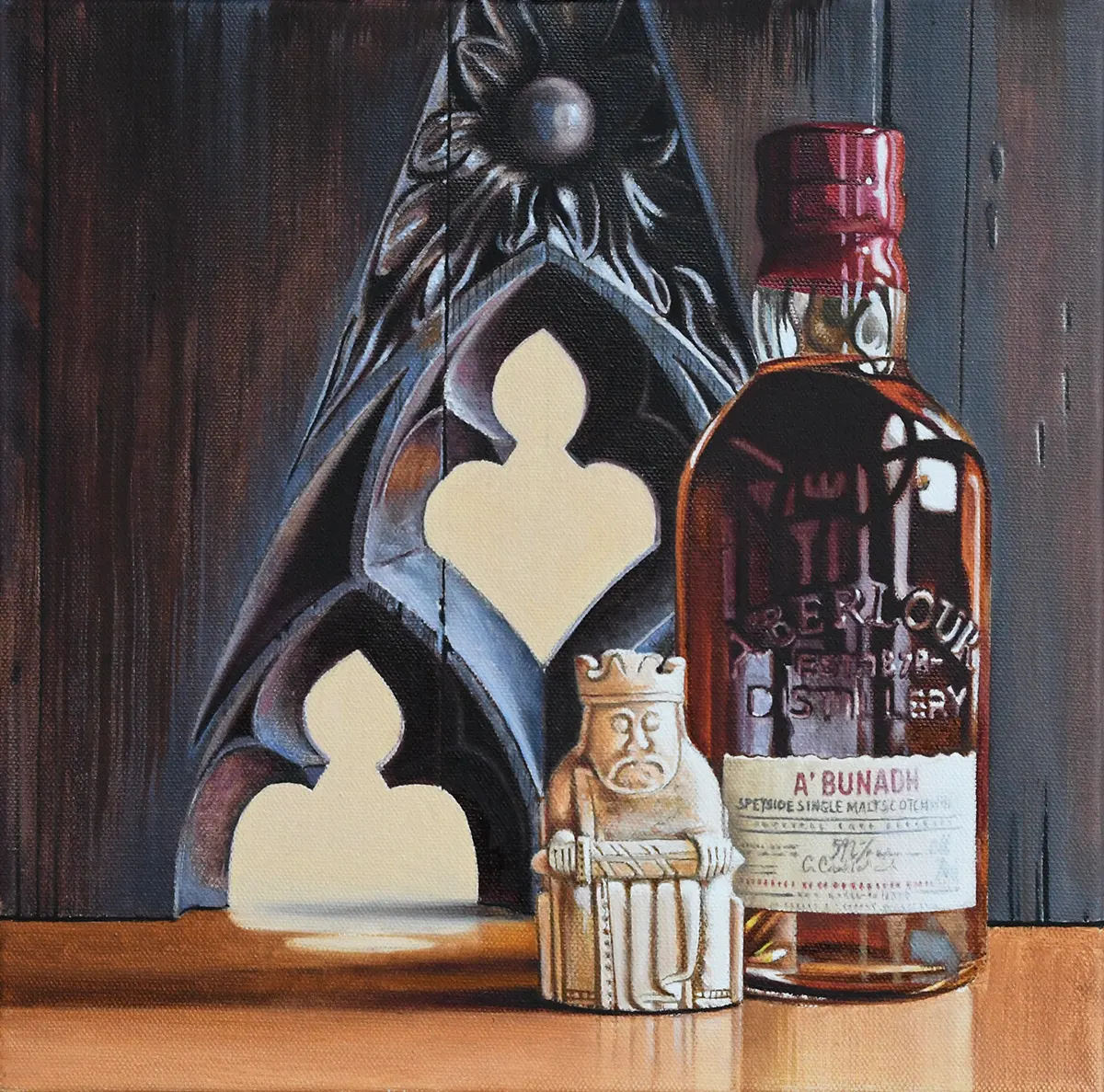 Scottish Whisky accompanied by a Scottish King (Lewis Chess Men)  Öl auf Leinwand  2021. 30 x 30 cm